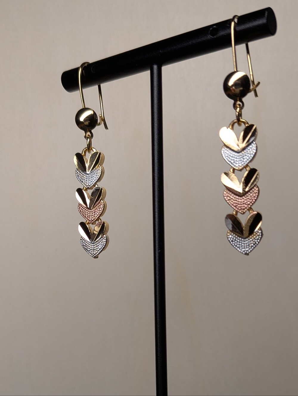 Tri-Tone Gold Filled Heart Stack Dangle Earrings